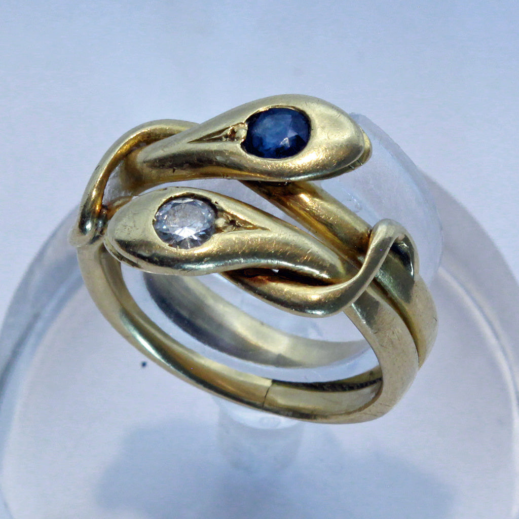 Antique Victorian double snake ring 18k gold diamond sapphire Unisex (7421)