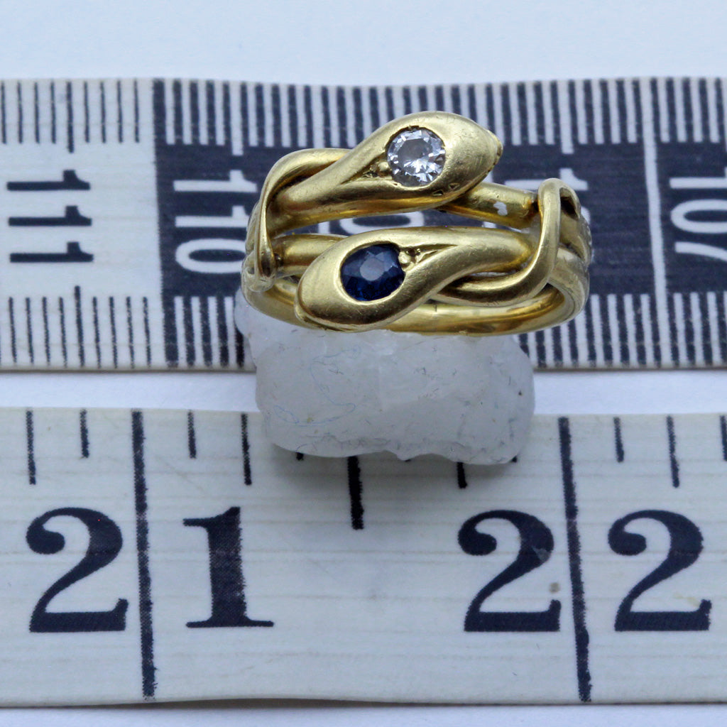 Antique Victorian double snake ring 18k gold diamond sapphire Unisex (7421)