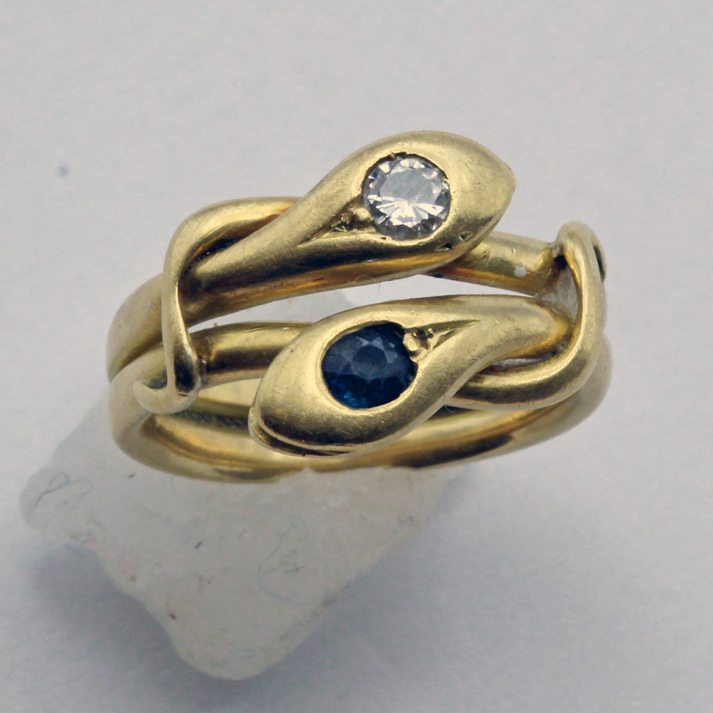 Antique Victorian double snake ring 18k gold diamond sapphire Unisex (7421)