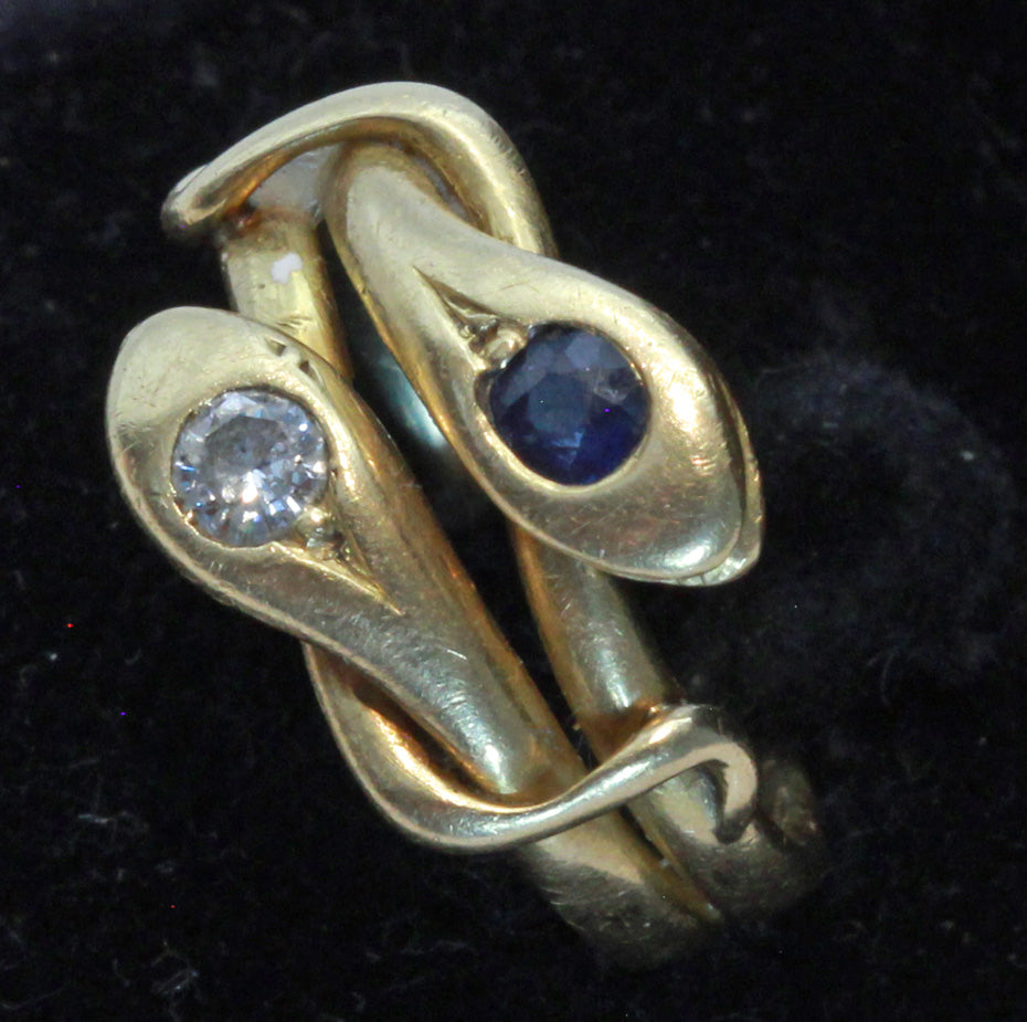 Antique Victorian double snake ring 18k gold diamond sapphire Unisex (7421)