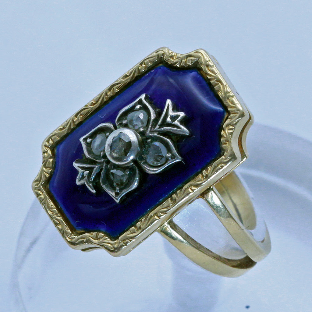 Antique ring gold silver diamonds blue enamel Europe bagues au firmament (7422)