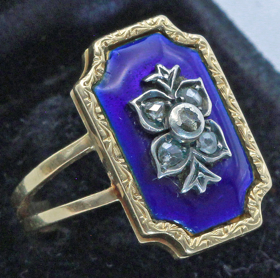 Antique ring gold silver diamonds blue enamel Europe bagues au firmament (7422)