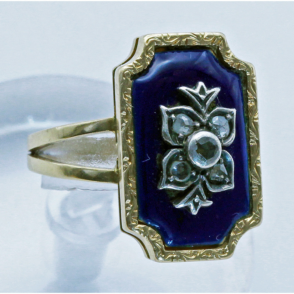 Antique ring gold silver diamonds blue enamel Europe bagues au firmament (7422)