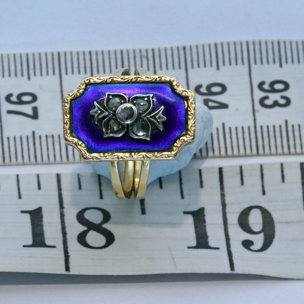 Antique ring gold silver diamonds blue enamel Europe bagues au firmament (7422)