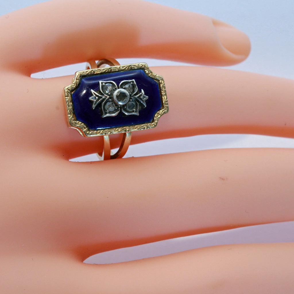 Antique ring gold silver diamonds blue enamel Europe bagues au firmament (7422)