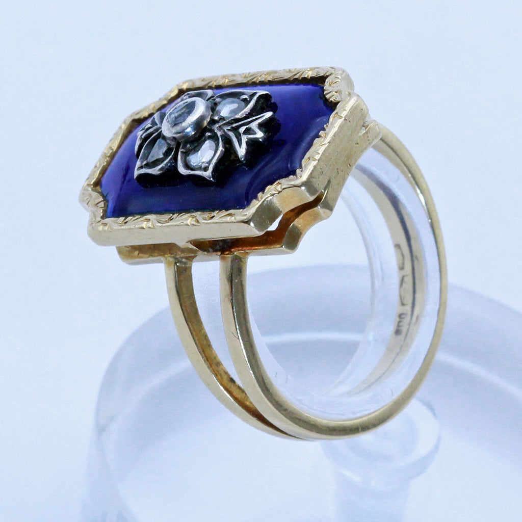 Antique ring gold silver diamonds blue enamel Europe bagues au firmament (7422)