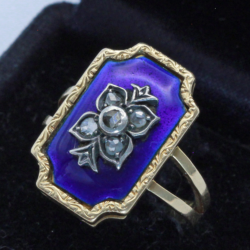 Antique ring gold silver diamonds blue enamel Europe bagues au firmament (7422)