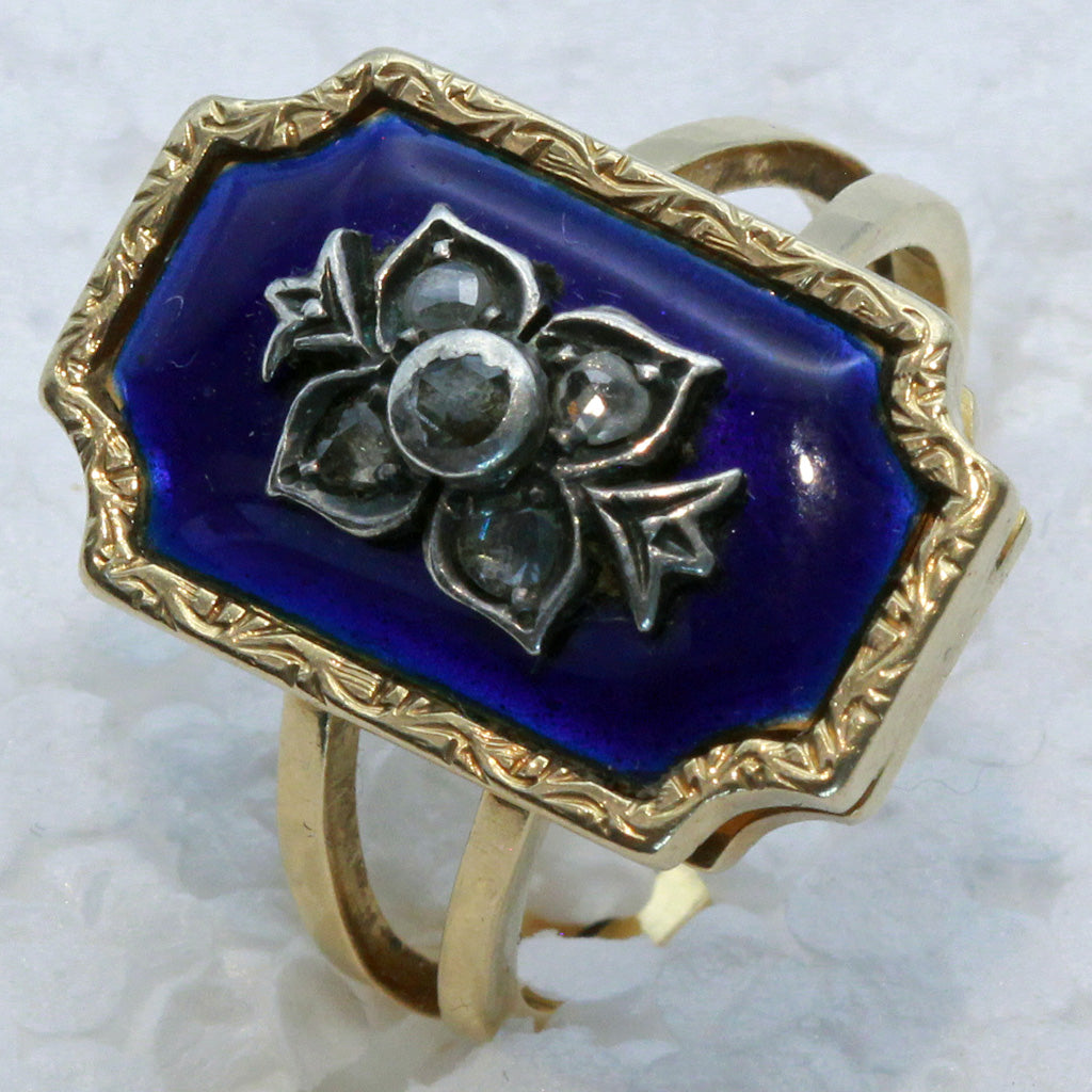 Antique ring gold silver diamonds blue enamel Europe bagues au firmament (7422)