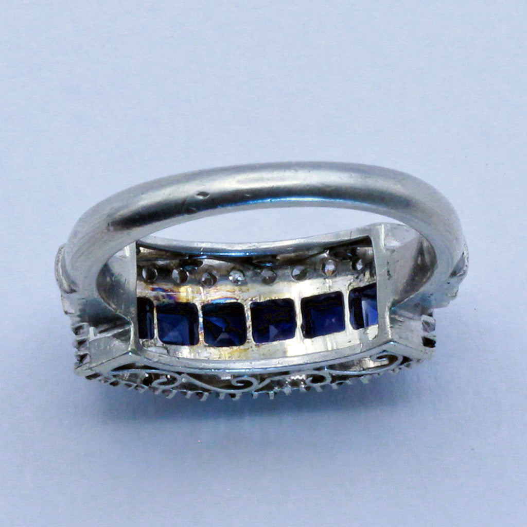 Vintage Art Deco ring 18k white gold diamonds sapphires wedding band (7428)