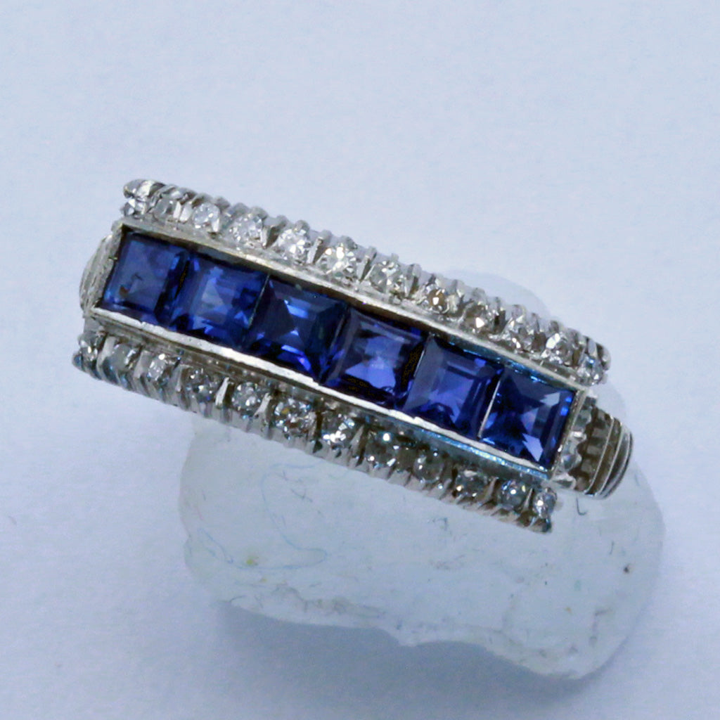 Vintage Art Deco ring 18k white gold diamonds sapphires wedding band (7428)