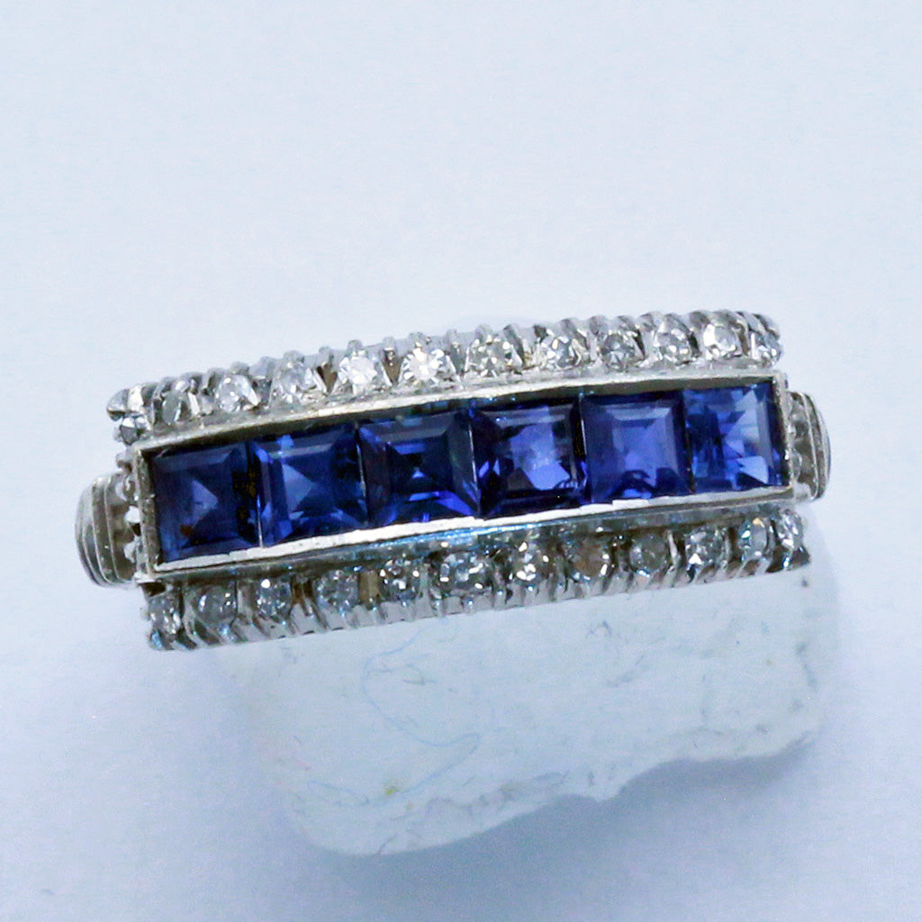 Vintage Art Deco ring 18k white gold diamonds sapphires wedding band (7428)