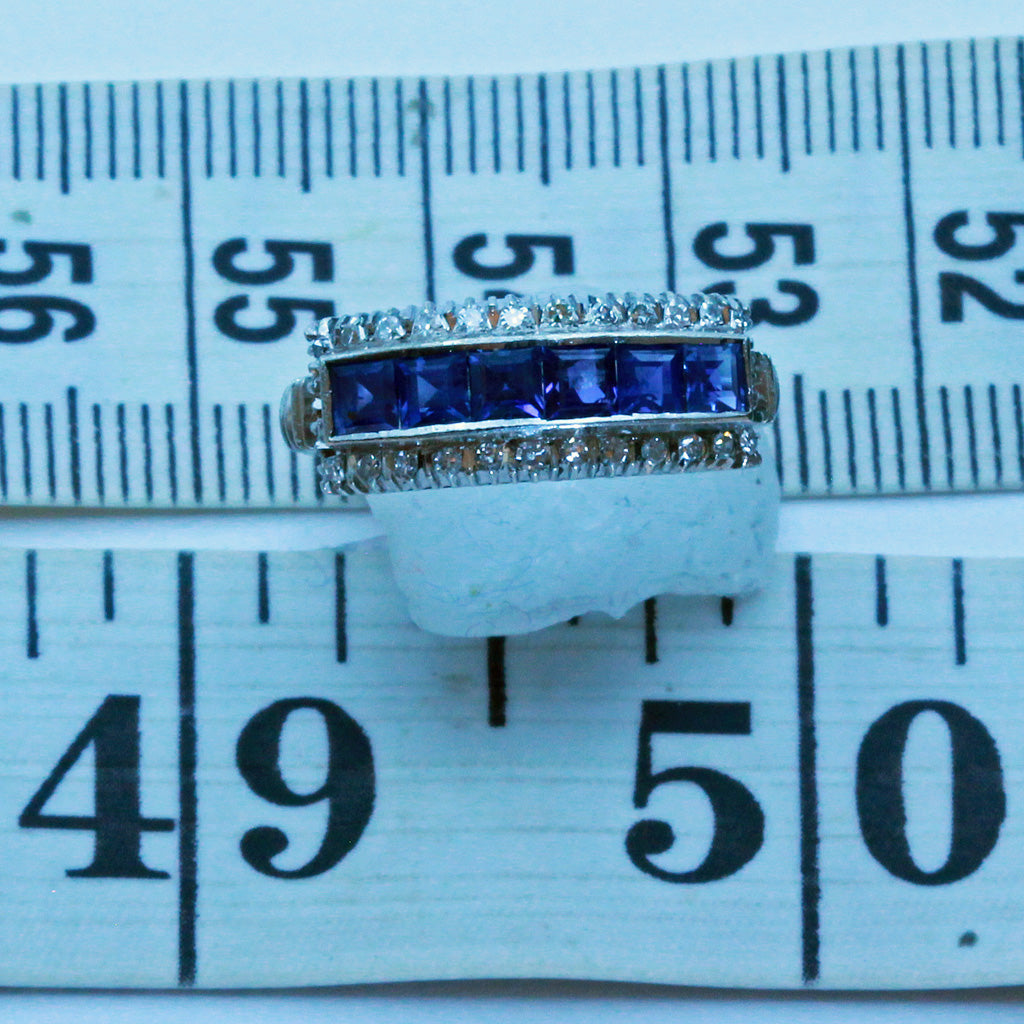 Vintage Art Deco ring 18k white gold diamonds sapphires wedding band (7428)