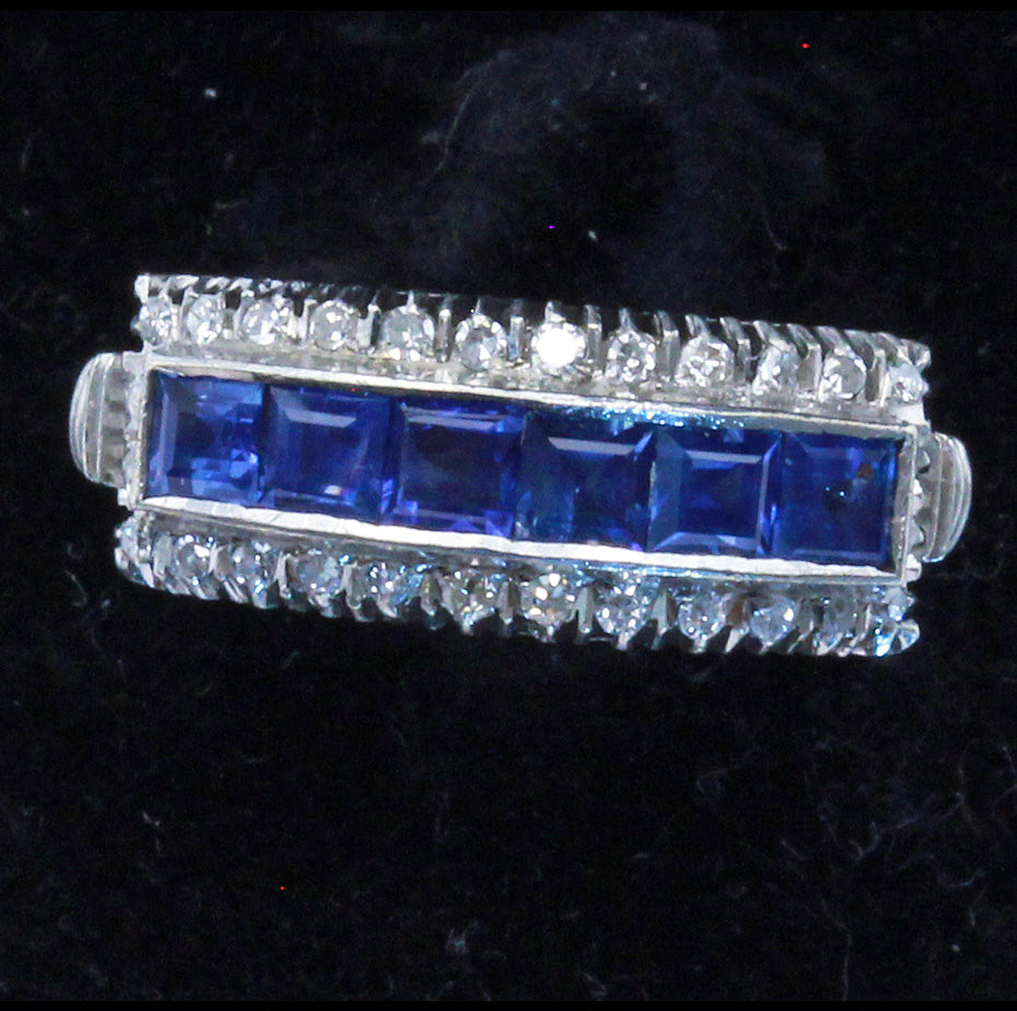 Vintage Art Deco ring 18k white gold diamonds sapphires wedding band (7428)