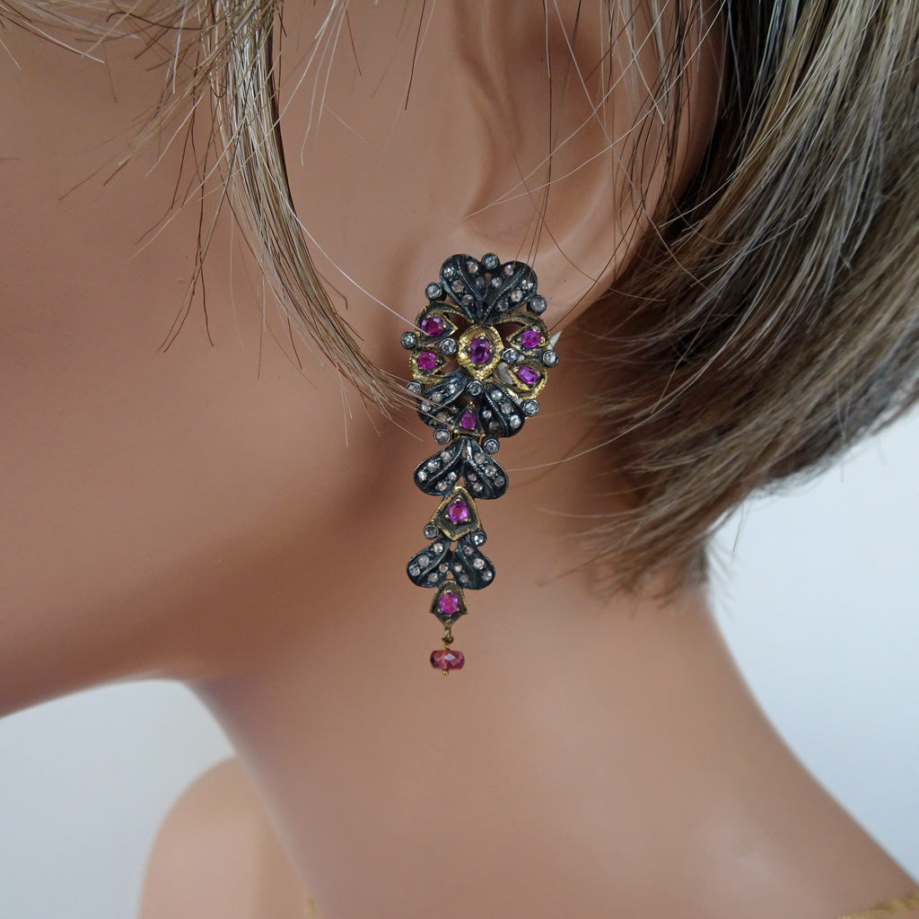 Antique Necklace Earrings Set Gold Diamond Ruby Spinel Silver Anglo Indian(6490)