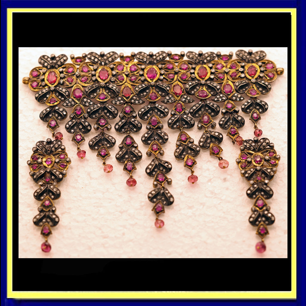 Antique Necklace Earrings Set Gold Diamond Ruby Spinel Silver Anglo Indian(6490)