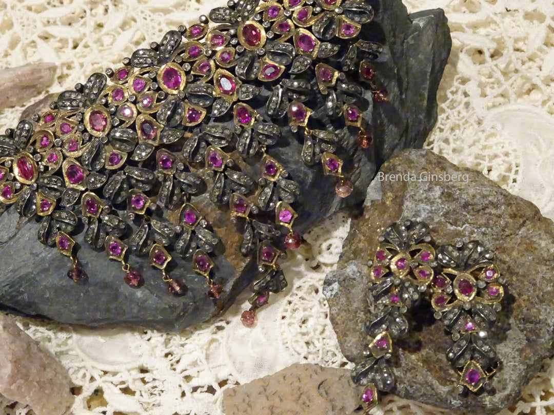 Antique Necklace Earrings Set Gold Diamond Ruby Spinel Silver Anglo Indian(6490)