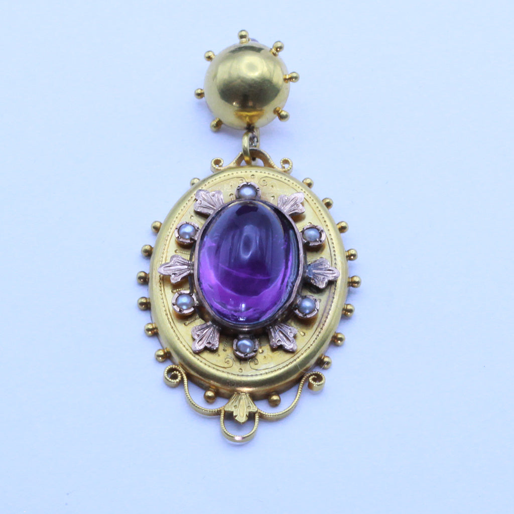 Antique Victorian earrings pendant set gold cabochon amethysts pearls (7374)