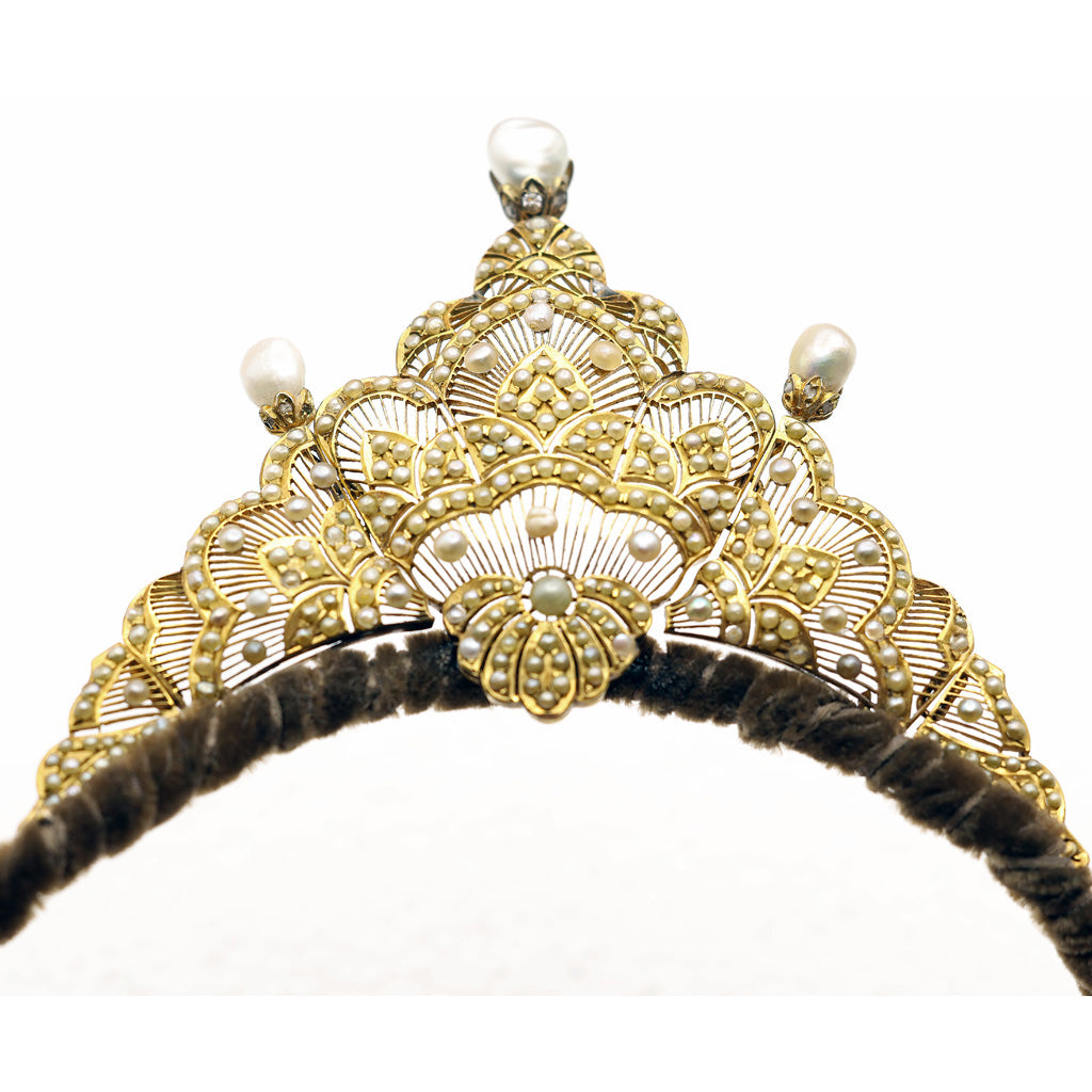 Antique Victorian Tiara diadem gold natural pearls GIA certificate diamond (7480)