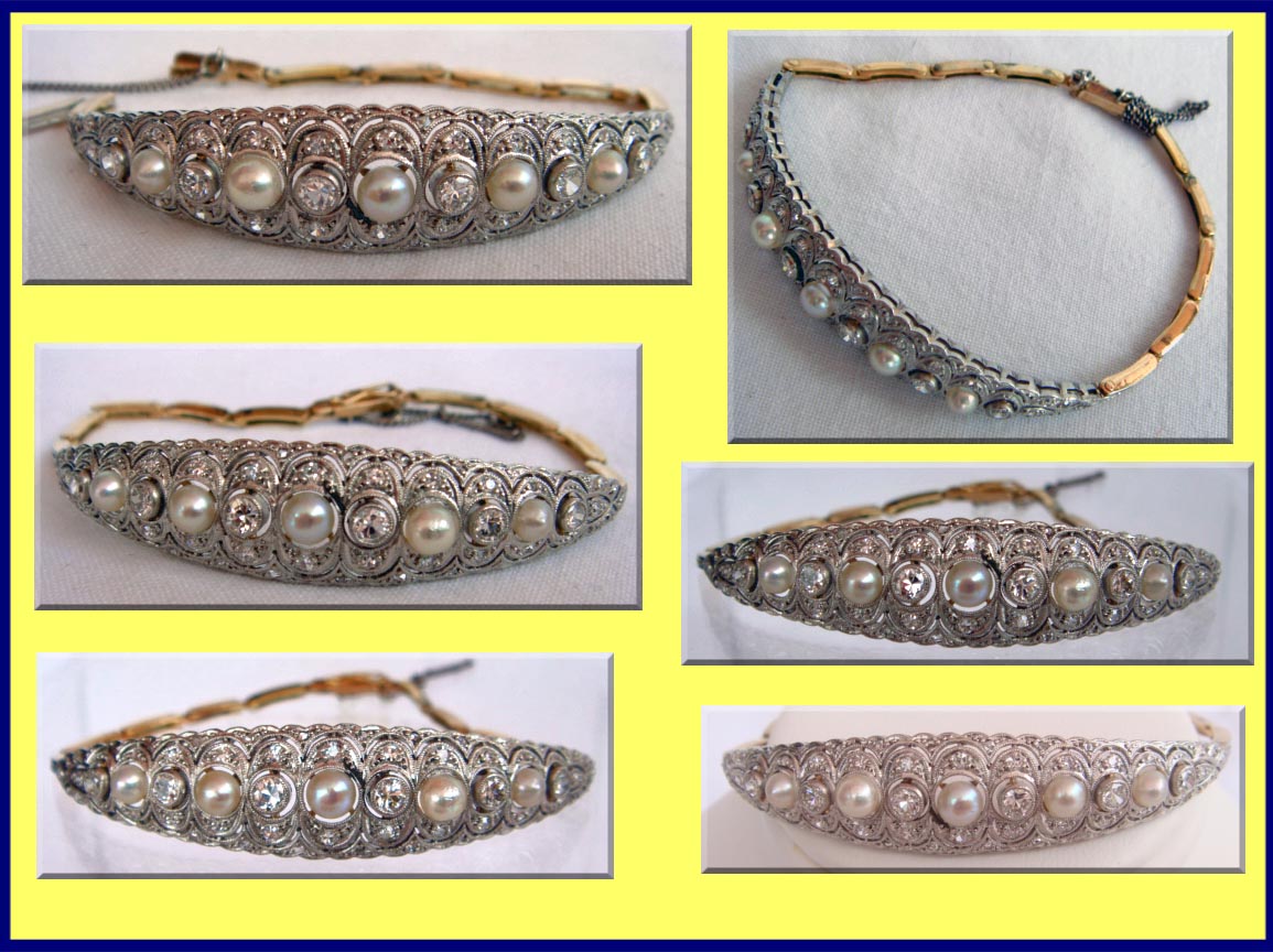 Antique Edwardian platinum and gold diamond pearl bracelet (3546)