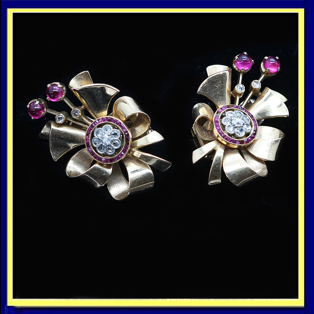 Antique Vintage Retro Earrings French 18k Gold Ruby Diamond (4736)