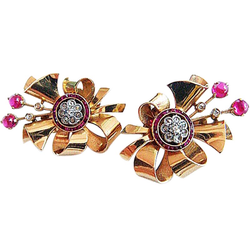 Antique Vintage Retro Earrings French 18k Gold Ruby Diamond (4736)