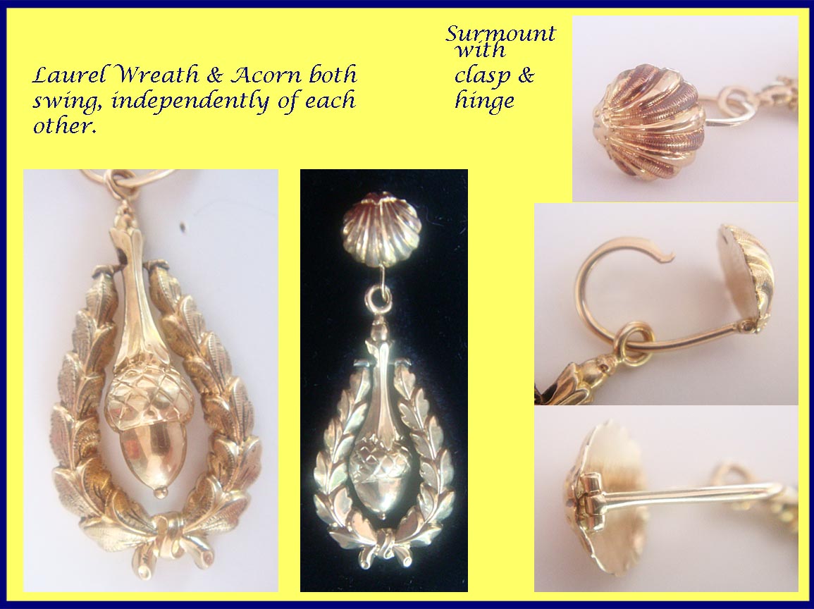 Antique Victorian Earrings 14k Gold acorn ear pendants Day Night Top Drop (4815)