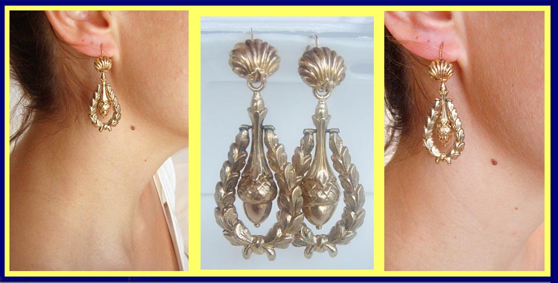 Antique Victorian Earrings 14k Gold acorn ear pendants Day Night Top Drop (4815)