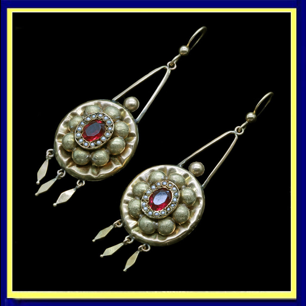 Antique Victorian Earrings 14k Gold Pearls antique Paste Long Ear Pendants (5138)