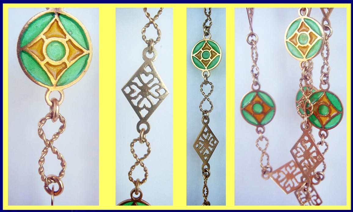 Antique Art Nouveau long gold chain Necklace w Plique a Jour Enamel (4786)
