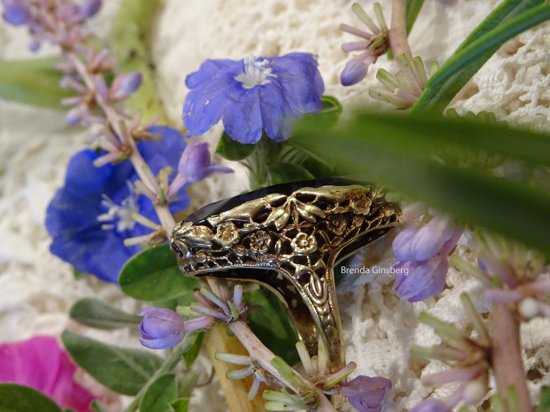 Antique Arts & Crafts Art Deco Ring Gold Openwork w Birds Smoky Topaz (5212)