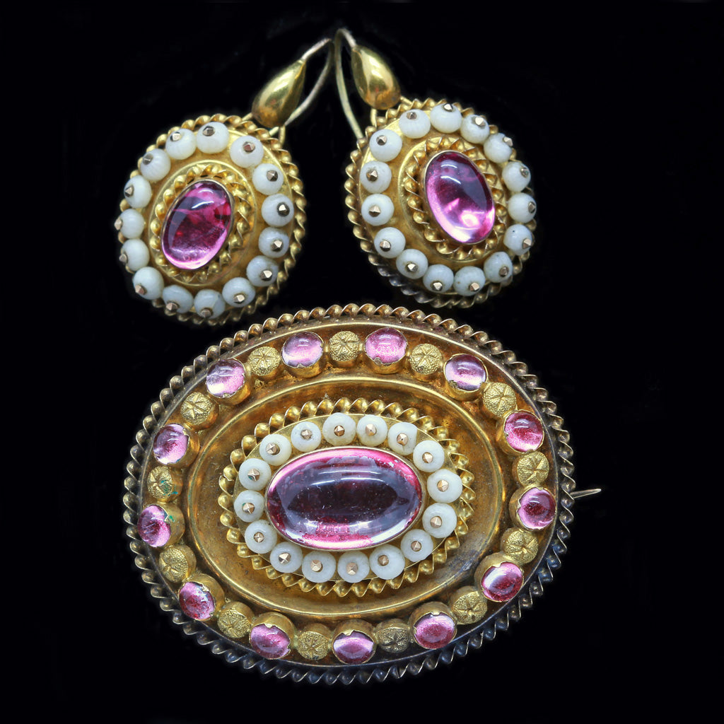 Antique Victorian Earrings Brooch Set Gold Gems Coral
