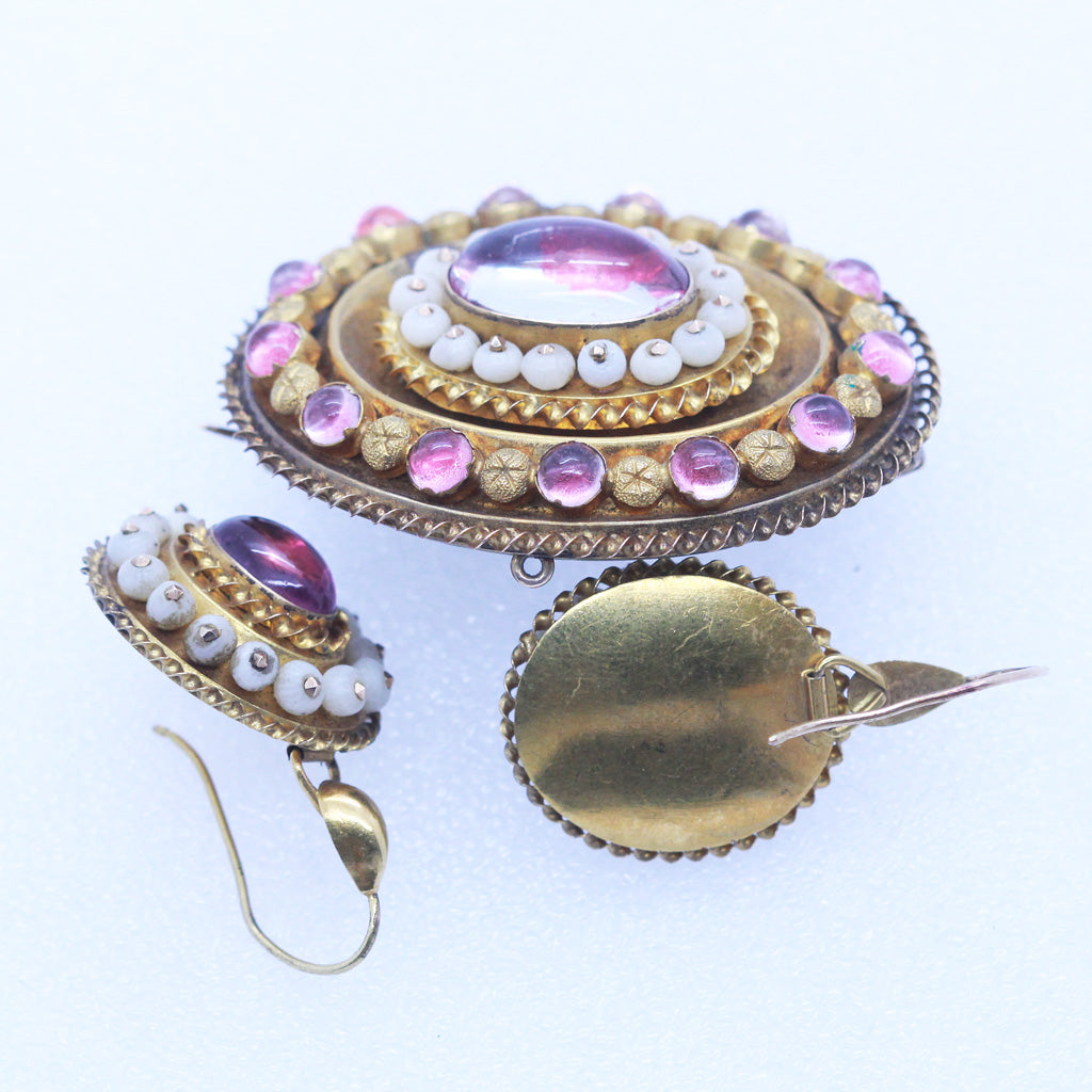 Antique Victorian Earrings Brooch Set Gold Gems Coral w Box &Appraisal (5132)