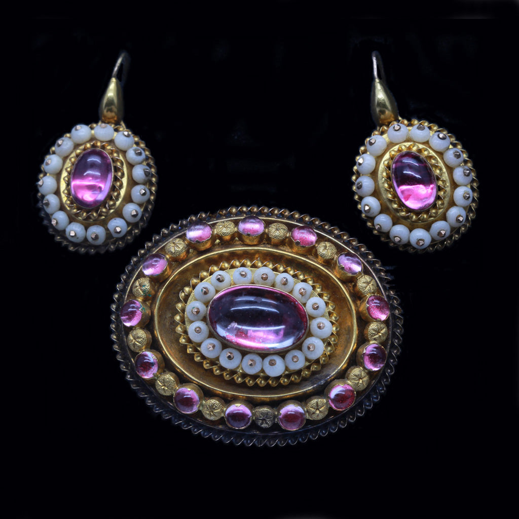 Antique Victorian Earrings Brooch Set Gold Gems Coral w Box &Appraisal (5132)