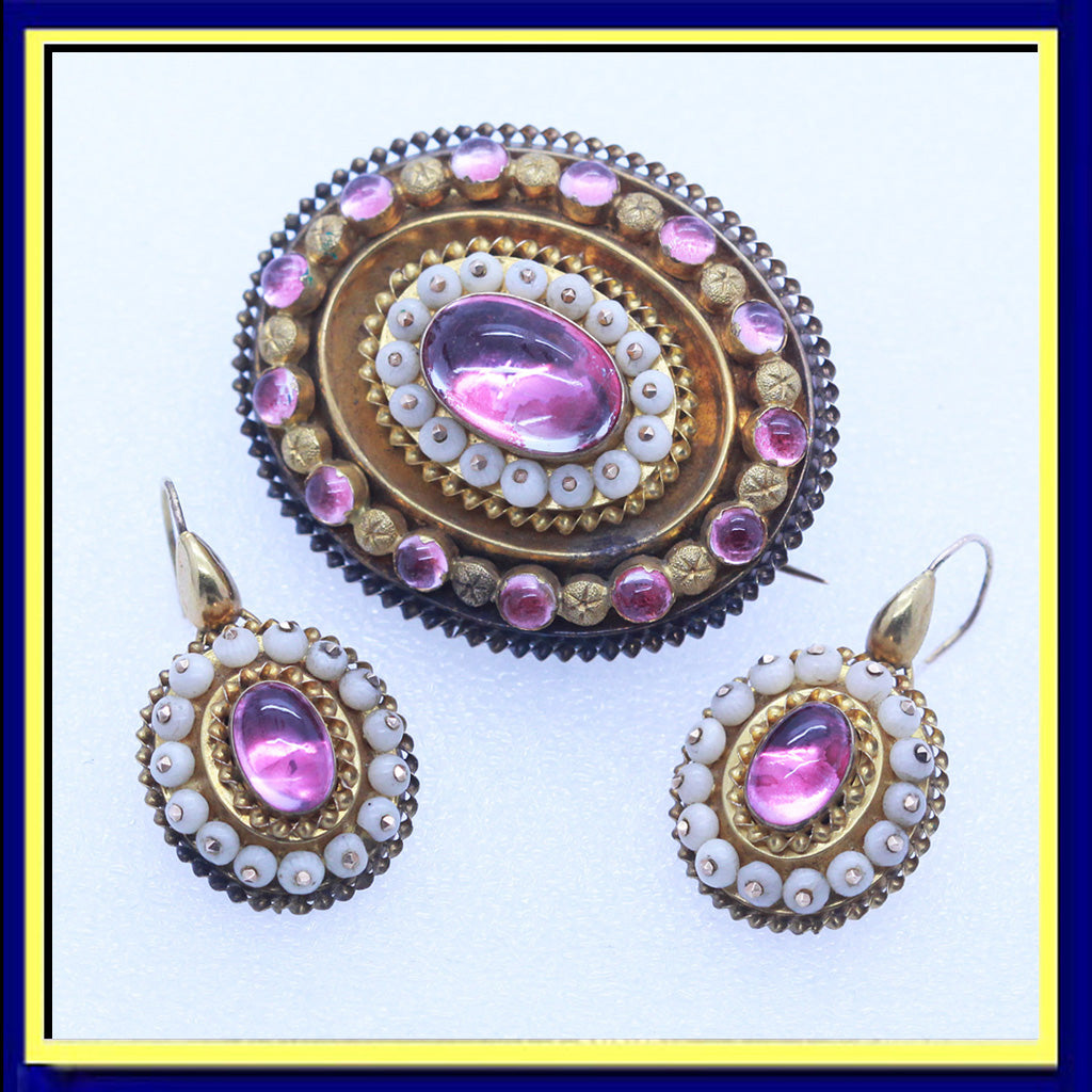 Antique Victorian Earrings Brooch Set Gold Gems Coral w Box &Appraisal (5132)