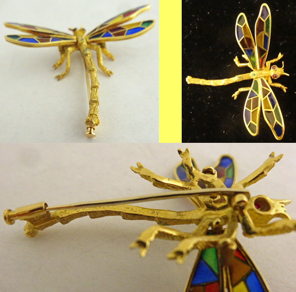 Buccellati Dragonfly Brooch Plique-à-jour Enamel 18k Gold Italy Vintage (5657)