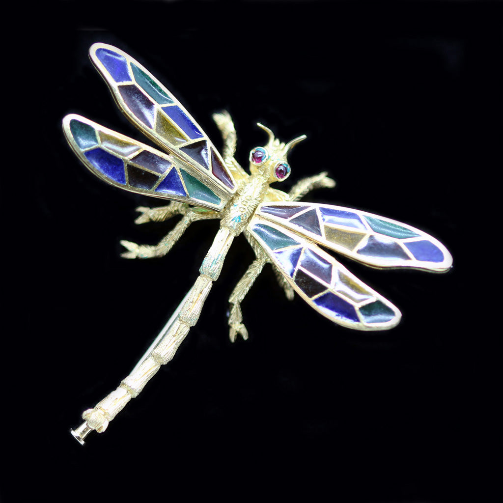 Buccellati Dragonfly Brooch Plique-à-jour Enamel 18k Gold Italy Vintage (5657)