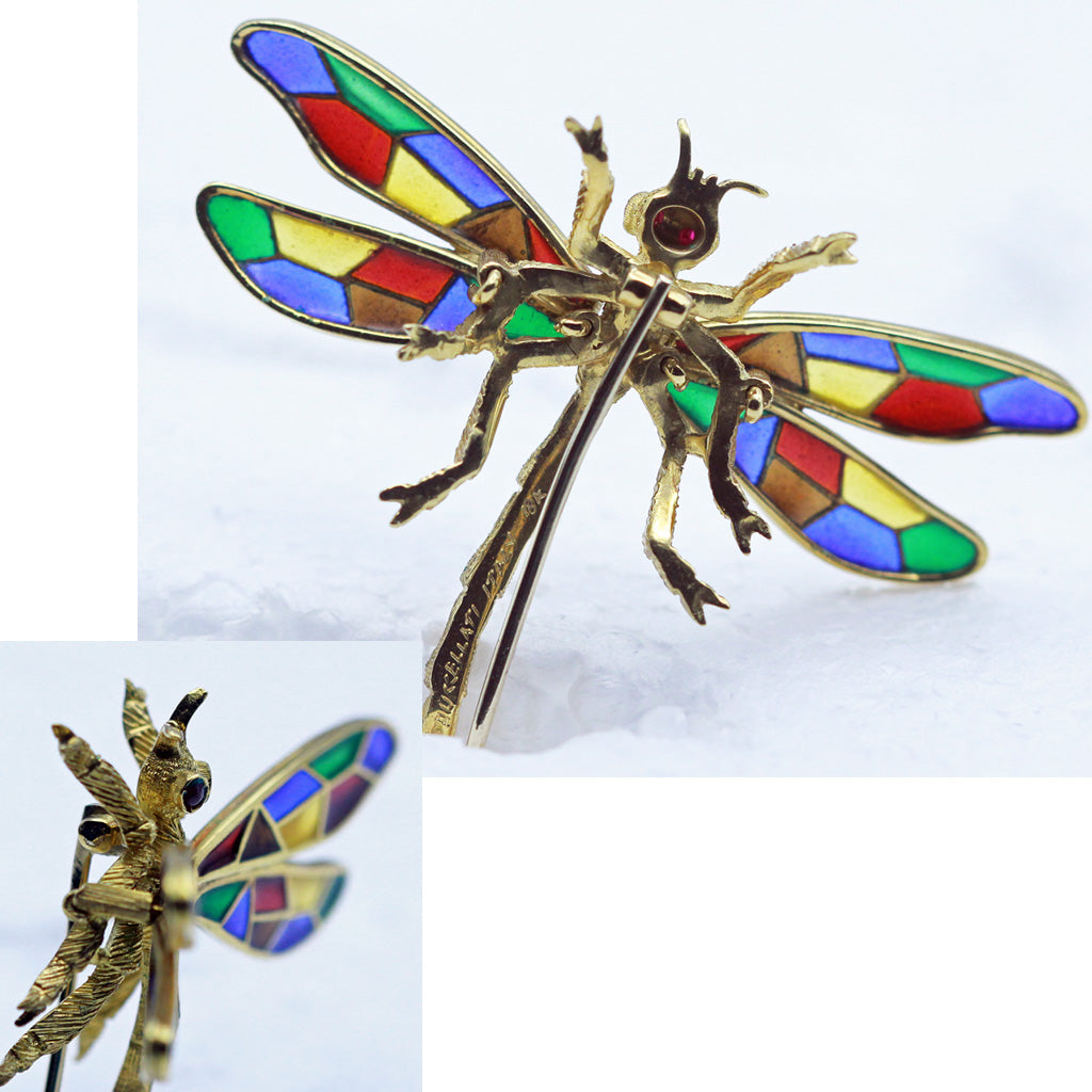 Buccellati Dragonfly Brooch Plique-à-jour Enamel 18k Gold Italy Vintage (5657)
