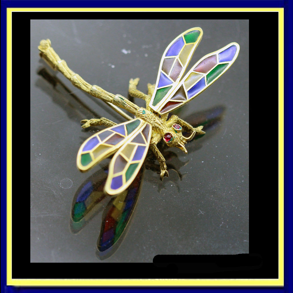 Buccellati Dragonfly Brooch Plique-à-jour Enamel 18k Gold Italy Vintage (5657)