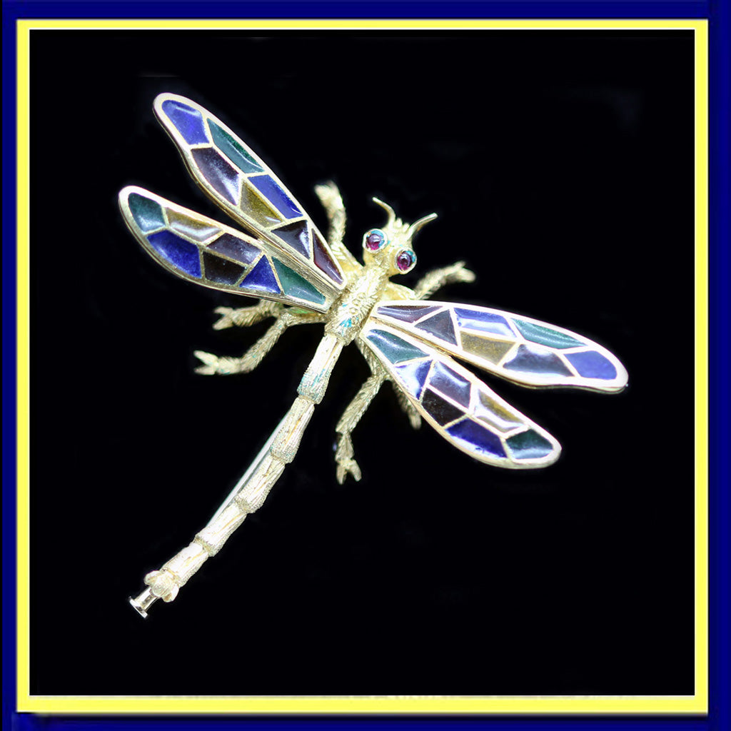 Buccellati Dragonfly Brooch Plique-à-jour Enamel 18k Gold Italy Vintage (5657)
