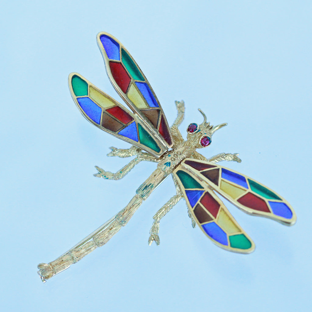 Buccellati Dragonfly Brooch Plique-à-jour Enamel 18k Gold Italy Vintage (5657)