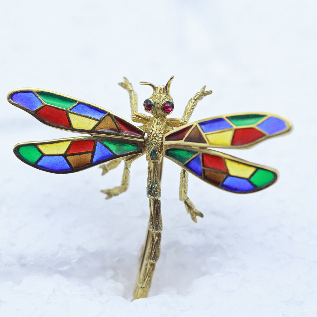 Buccellati Dragonfly Brooch Plique-à-jour Enamel 18k Gold Italy Vintage (5657)