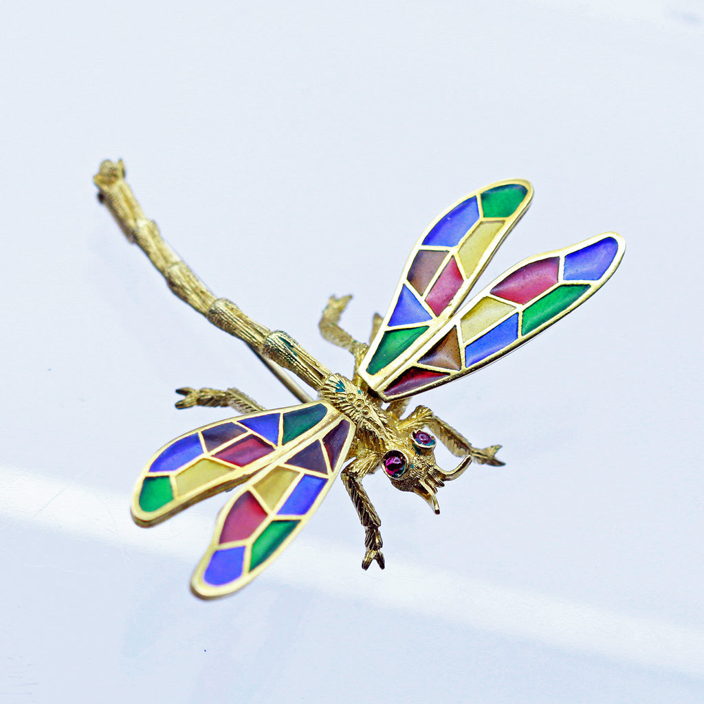 Buccellati Dragonfly Brooch Plique-à-jour Enamel 18k Gold Italy Vintage (5657)