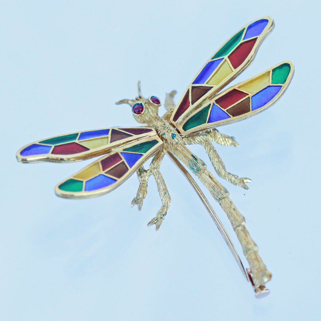 Buccellati Dragonfly Brooch Plique-à-jour Enamel 18k Gold Italy Vintage (5657)