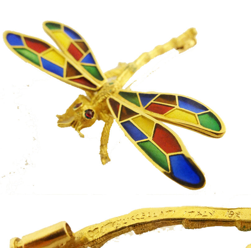 Buccellati Dragonfly Brooch Plique-à-jour Enamel 18k Gold Italy Vintage (5657)