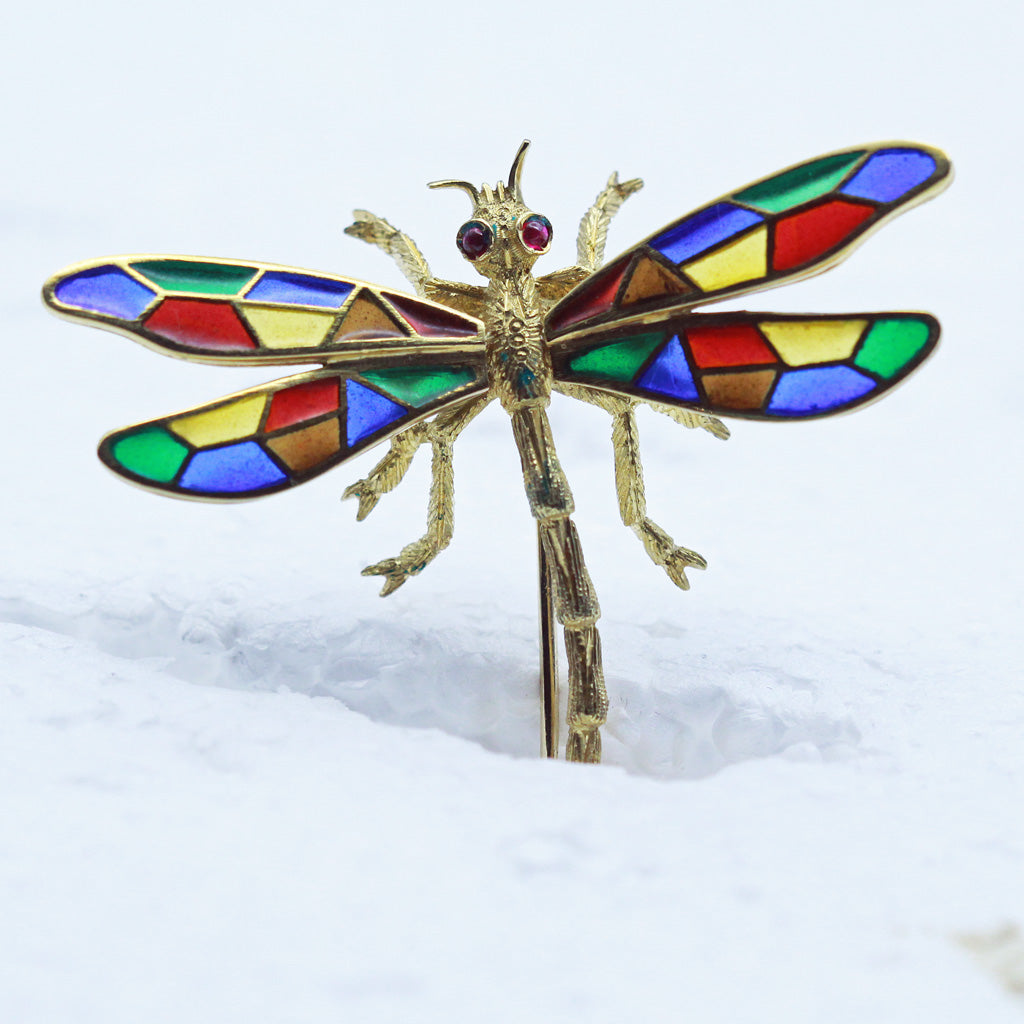 Buccellati Dragonfly Brooch Plique-à-jour Enamel 18k Gold Italy Vintage (5657)