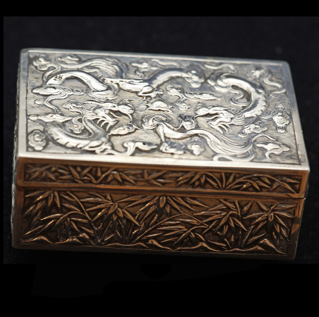 Antique Chinese Export Silver Box Humidor Wang Hing Dragon Bamboo Goldfish (5572))