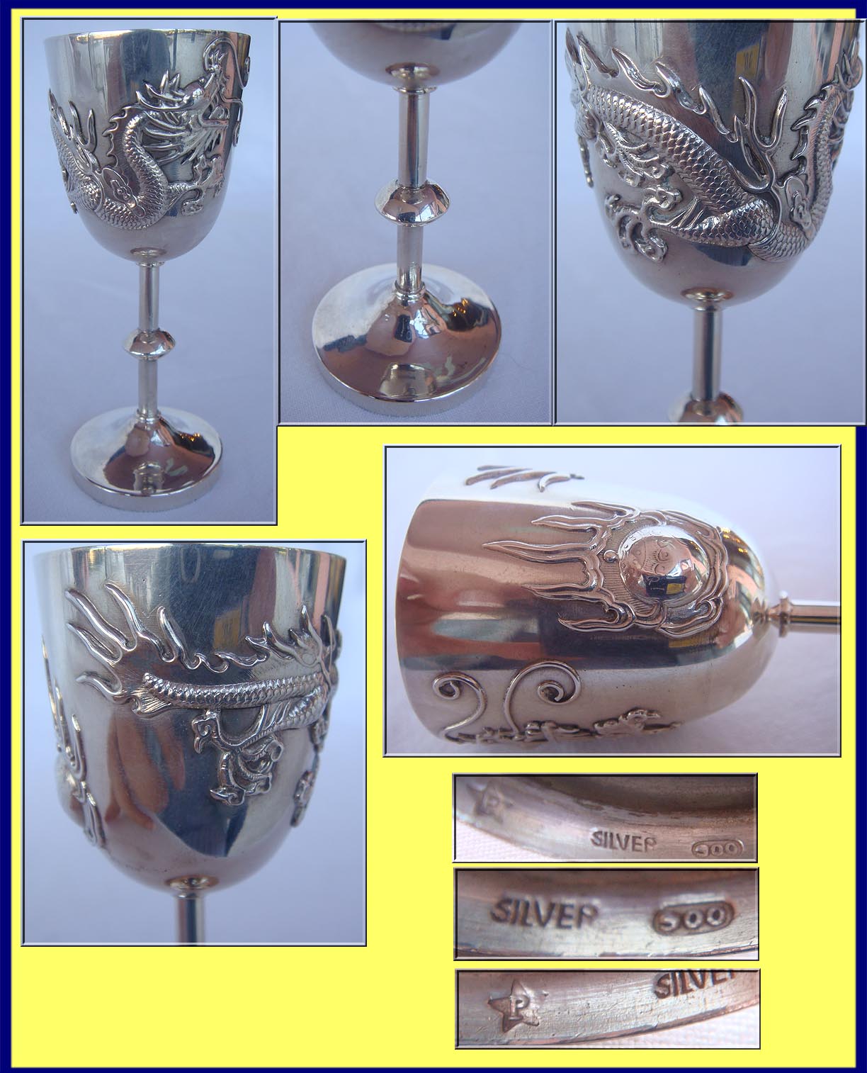 ANTIQUE SILVER CHINESE EXPORT GOBLET W DRAGON C1880 (4186)