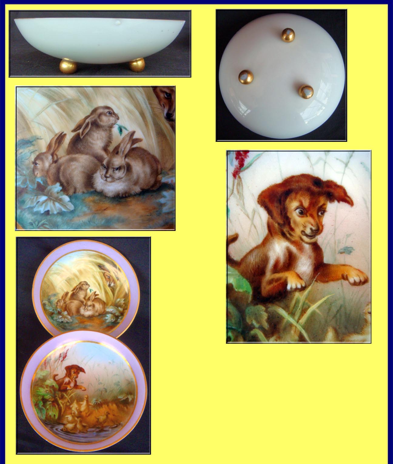Antique Opaline Glass bowls Handpainted Animals Dog Ducklings Rabbits Fox (3666)