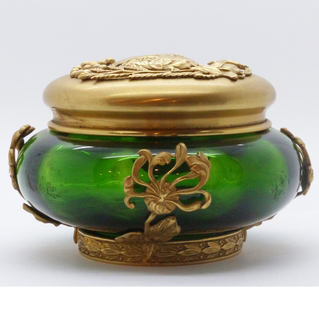 Antique Art Nouveau Gold Mounted emerald Green glass Dresser box (1740)