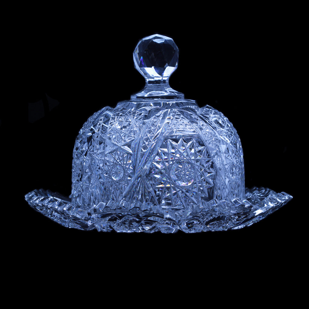 antique American brilliant cut glass butter dish dome 